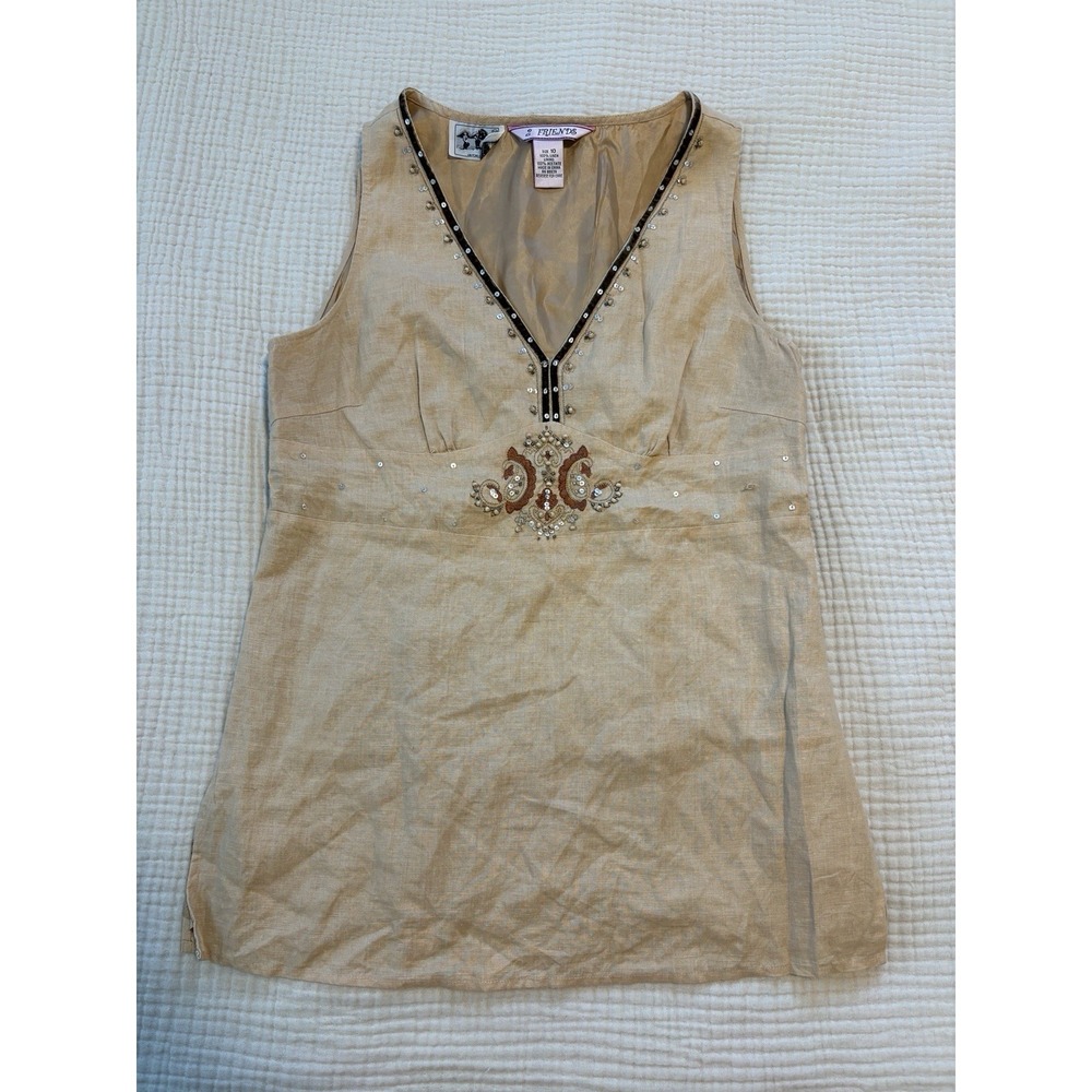 Y2K Tank Top Women's 10 Boho Embroidery 100% Linen Irish‎ Rodeo Western Cowgirl